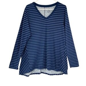 Cuddl Duds Flexwear Navy Blue White Striped V-Neck Long Sleeve Top Womens Large